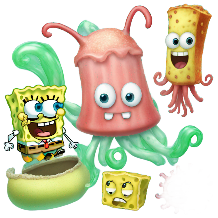 genmoji: A fusion of SpongeBob SquarePants, Patrick Star, Squidward Tentacles, and Eugene Krabs