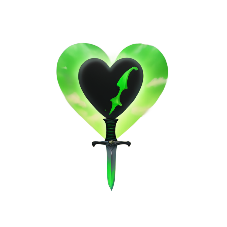 genmoji : Cœur noir avec une épée au milieu et des nuages verts émanant du cœur.