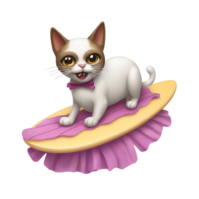 genmoji：一只穿着芭蕾舞裙的邪恶猫咪在狗狗冲浪板上吃豆子