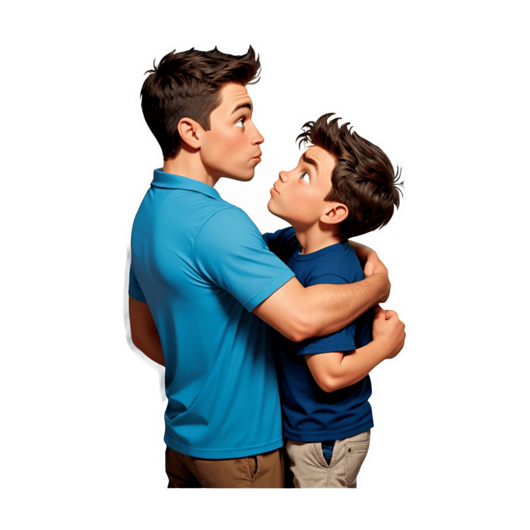 genmoji : Joey portant un t-shirt Joey embrasse Ethan portant un t-shirt Nathan.