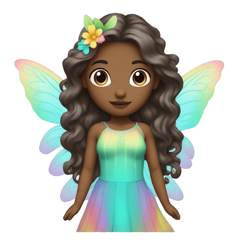 絵文字：A female fairy with a dark skin tone, long wavy brunette hair wearing a pastel rainbow dress and turquoise wings
