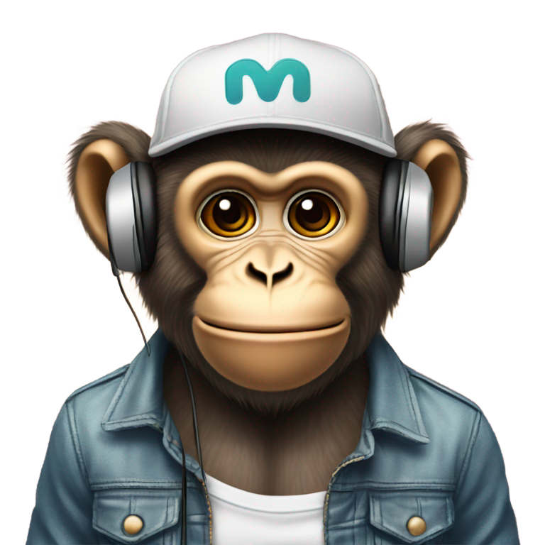 genmoji : Un singe avec un chapeau, des écouteurs et un t-shirt portant l'inscription "Macaco Studios"