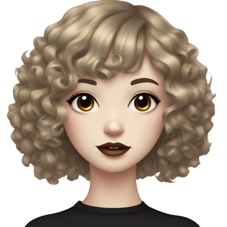 絵文字：リアルなスタイルで描かれた、ショートの黒いカーリーヘアとカーテンバング、長いまつ毛と大きな茶色の唇、黒いVoid Eyesを持つ肌の白い少女。