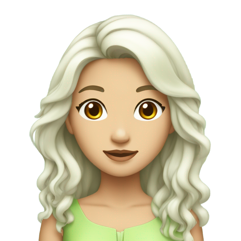 genmoji: The face of a youthful pranic taiwanese lady with tanned skin and long cascading hair dyed white as snow, with a light green dress