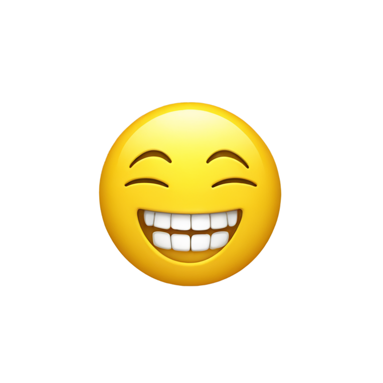絵文字：黄色の、にっこり笑う絵文字。目は閉じて、口は開いて歯を見せている。明るく、清潔で、モダンなスタイル。