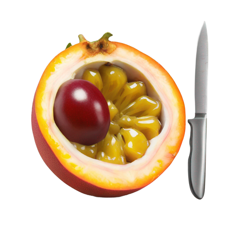 genmoji : Un fruit de passifor piqué d'un couteau