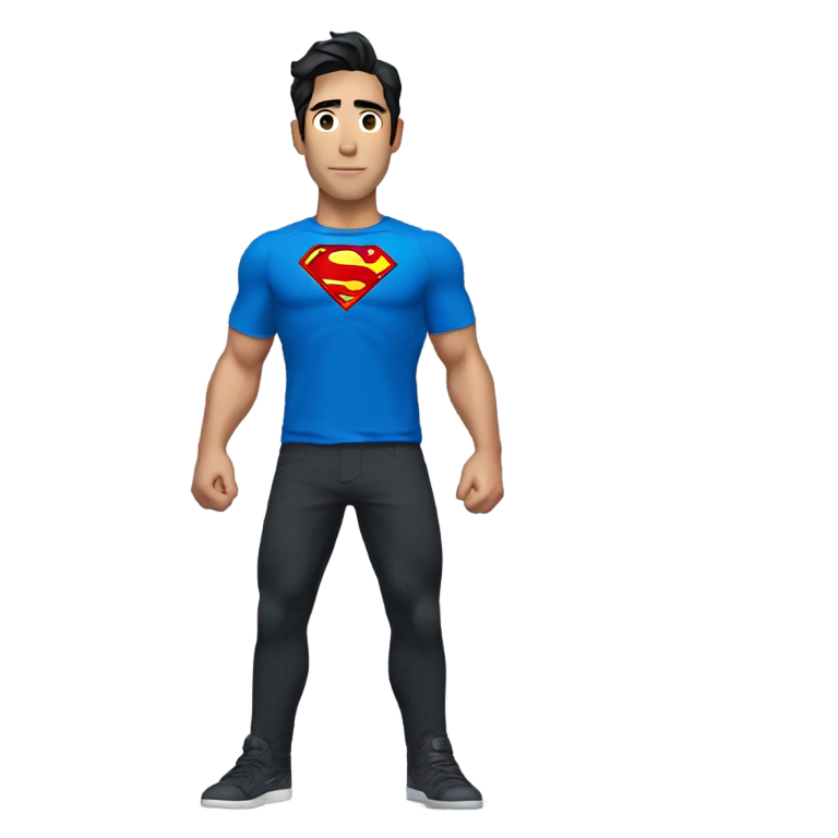 genmoji：扎克·金穿着蓝色短袖超人T恤和黑色裤子