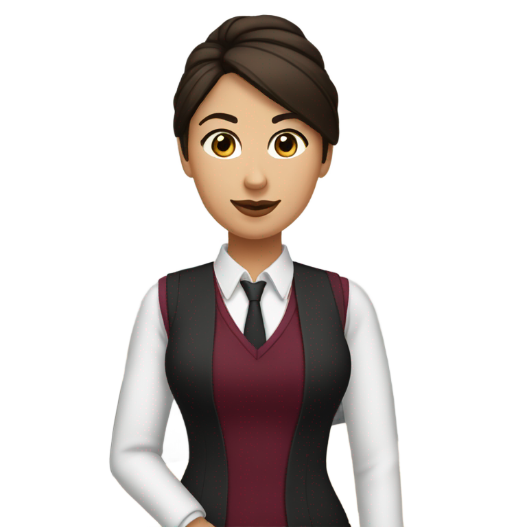 genmoji : Réceptionniste d'hôtel avec un chignon de cheveux brun foncé, un grand gilet noir et un pull bordeaux en dessous.
