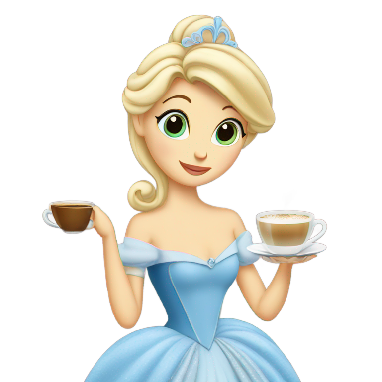 genmoji: Cinderella drinking a cup of espresso