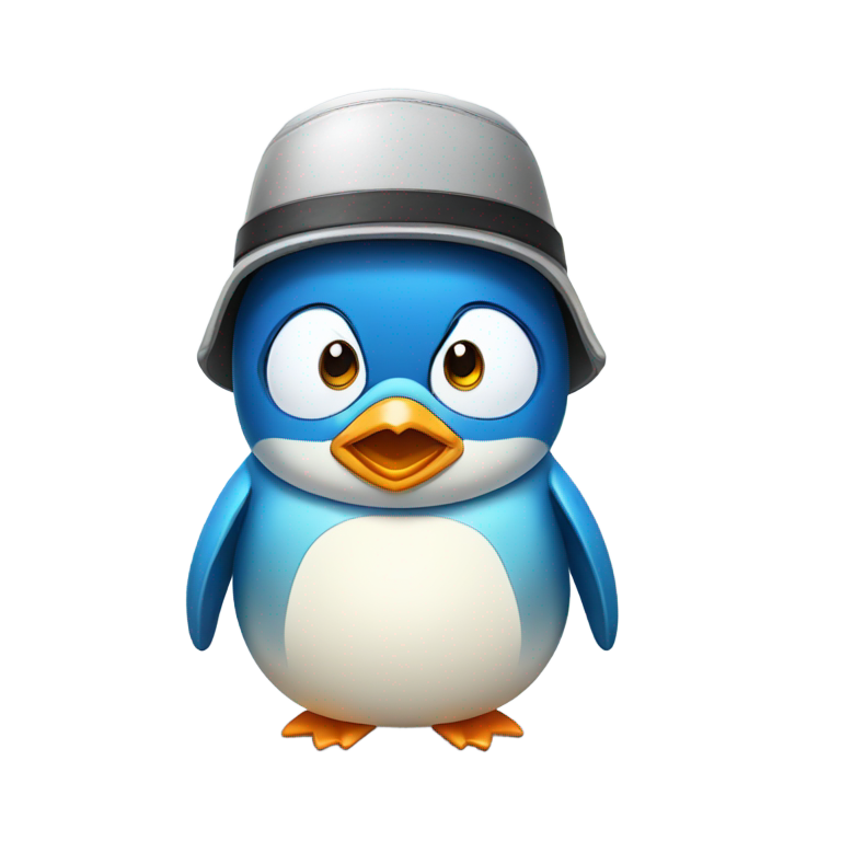 genmoji：蓝色企鹅角色，戴圆形护目镜和士兵帽