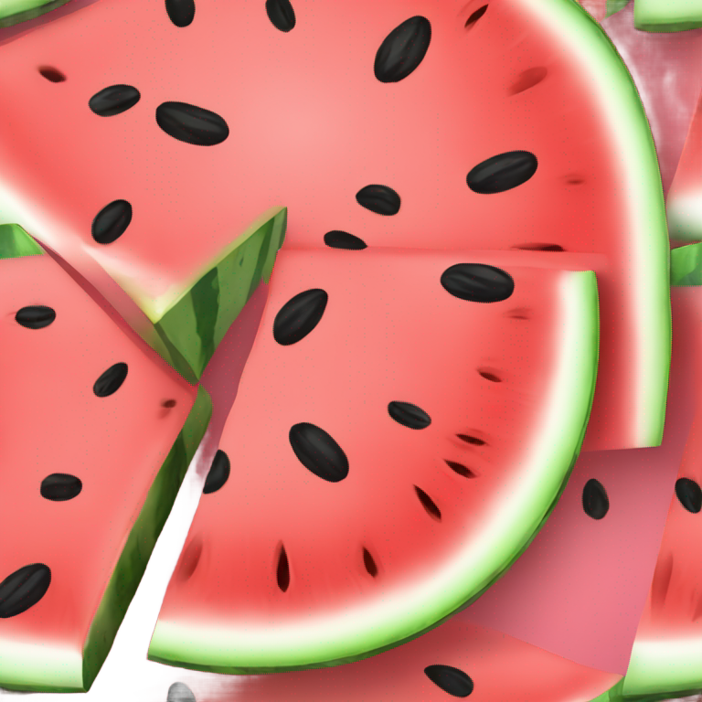 genmoji：A slice of watermelon, showing its rich pink flesh, black seeds, and green rind.
