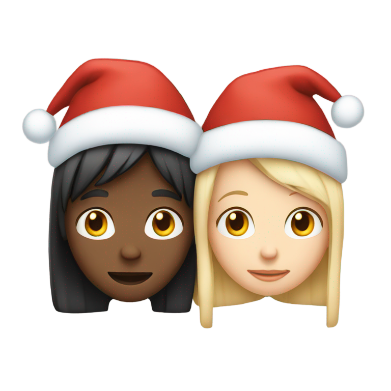 絵文字：2人のティーンが抱き合う。1人はクリスマス帽をかぶった黒人少年、もう1人は長いストレートの黒髪の白人ティーン。