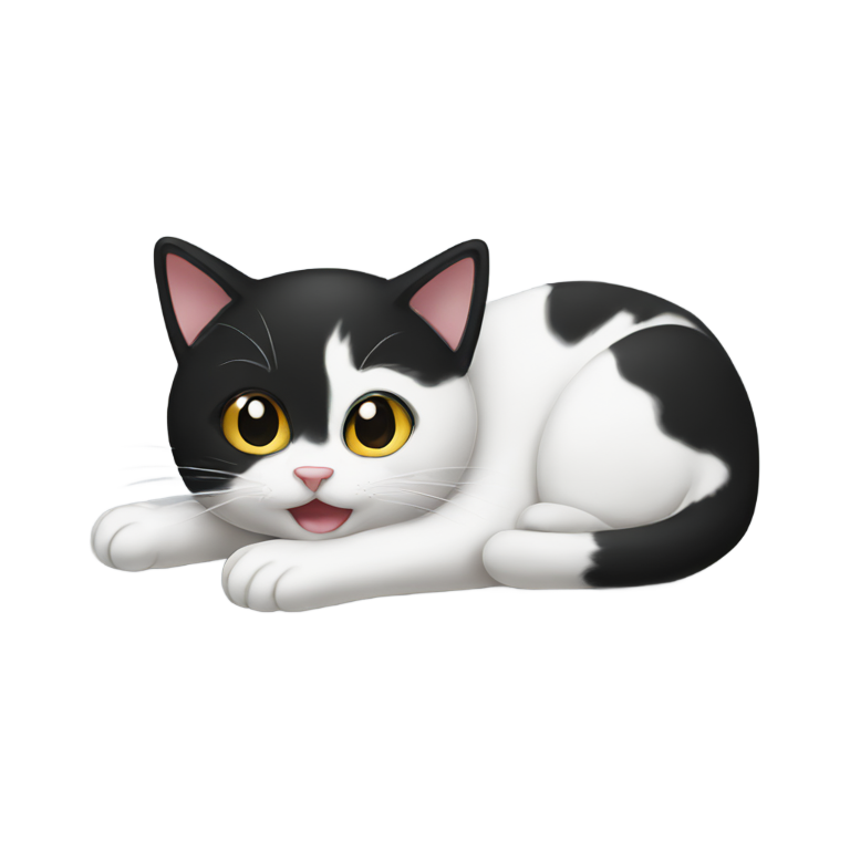 genmoji: A black and white cat rolling on carpet