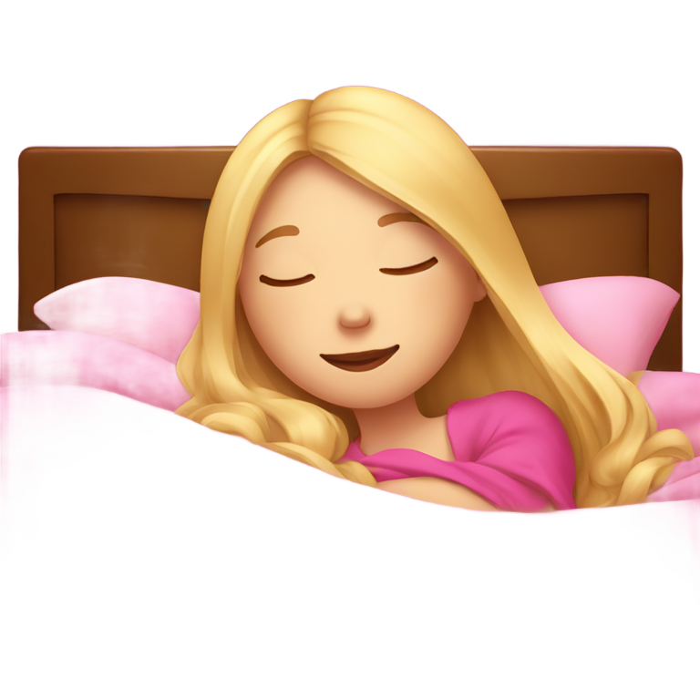 genmoji：beautiful sleepy girl with long blonde hair laying down in bed sleeping underneath rich pink blanket