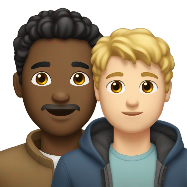 genmoji : Homme noir à la peau mate avec une coupe mullet courte embrassant un homme caucasien aux cheveux châtains peignés.