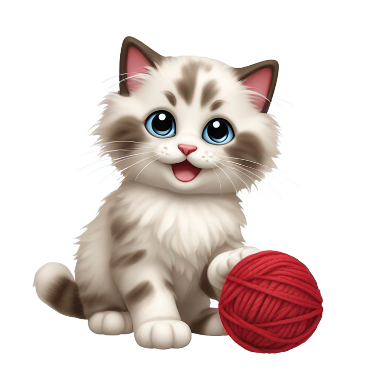 genmoji: happy small ragdoll kitten with its paws up, playing with a ball of red yarn