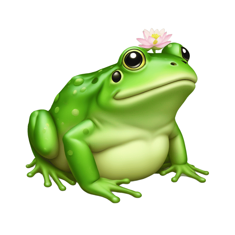 genmoji: fat all green color frog with lotus flower on head