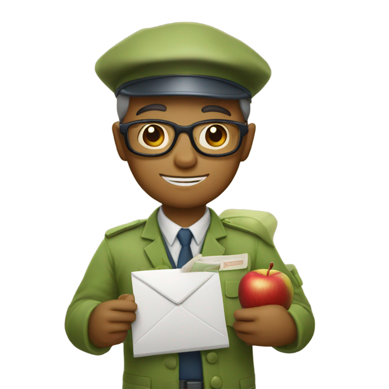 genmoji : Emoji d'un facteur classique brun couleur matcha, portant des lunettes, avec beaucoup de courrier et une iPad Apple à la main.