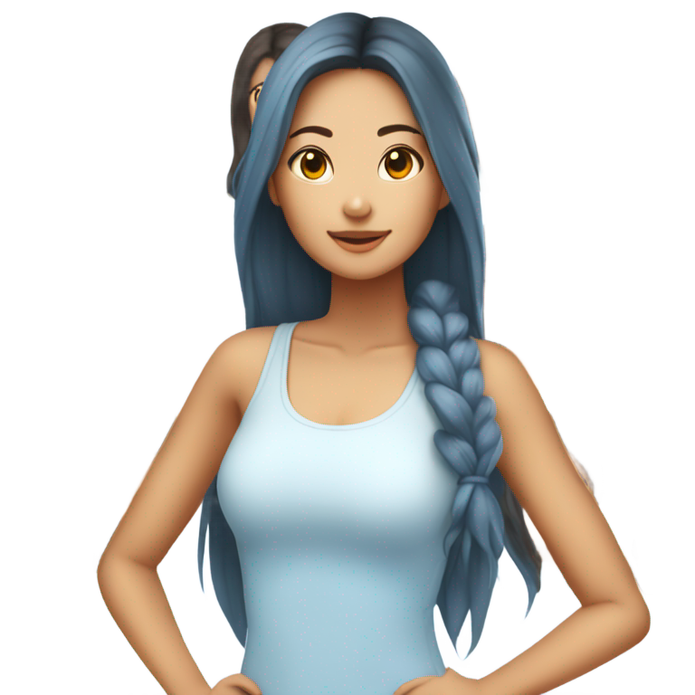 genmoji : Une jeune femme taïwanaise pleine de vitalité, à la peau très bronzée et aux longs cheveux blancs comme neige, portant un débardeur bleu clair.
