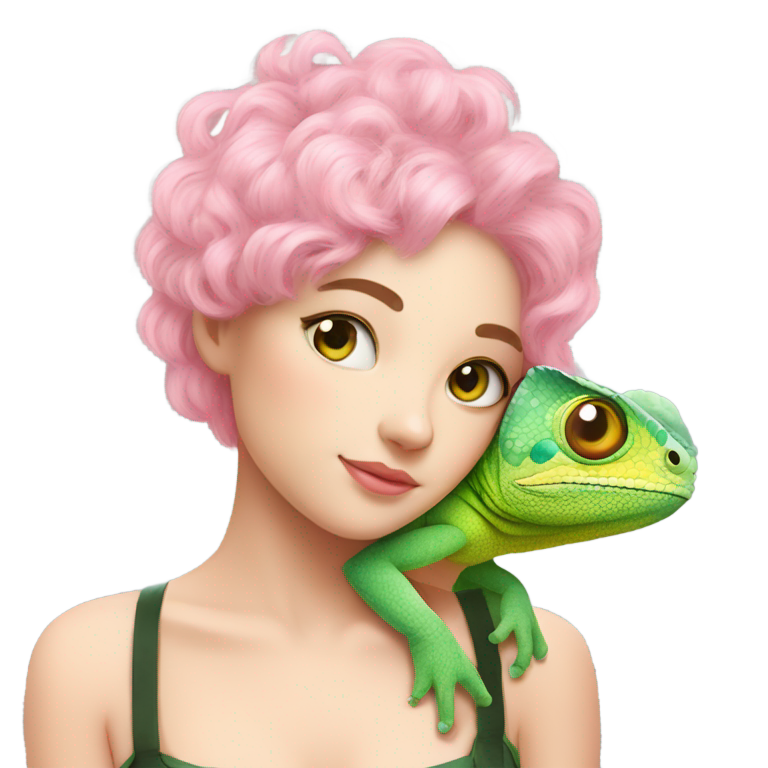 genmoji : Caméléon sur l'épaule d'une fille aux cheveux roses courts et aux yeux verts.