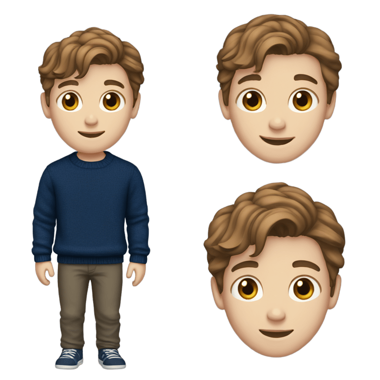 genmoji : A 15-year-old white boy with brown hair. Middle part cut longer. Color dark blue sweater