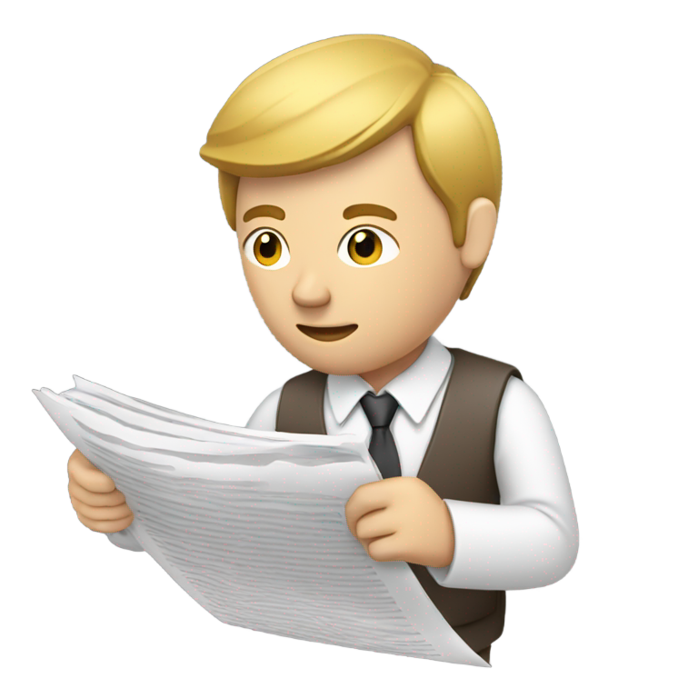 genmoji: white male journalist writing a news story for the paper pen behind his left ear