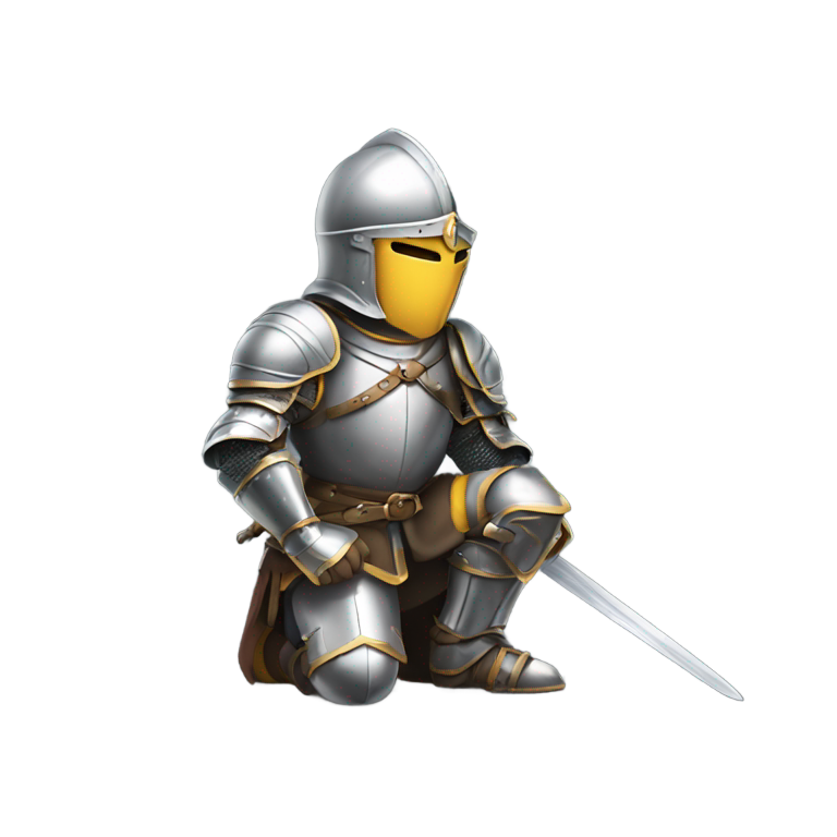 genmoji : Chevalier agenouillé avec épée pointée vers le sol, vue de côté