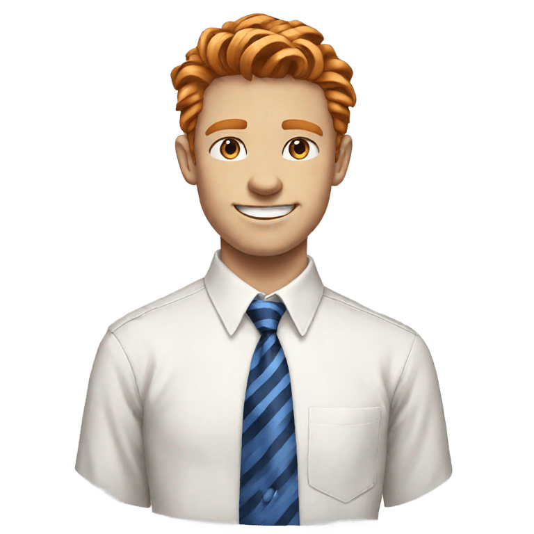genmoji : Adolescent britannique roux, chemise blanche boutonnée, cravate à rayures bleues, cheveux raides avec raie sur le côté, sourire, yeux noisette, musclé