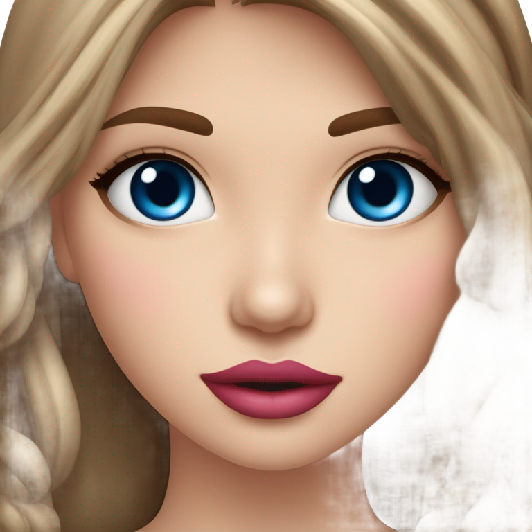 genmoji : ein mädchen mit langen etwas dunkle brunetten haaren und blauen augen mit rosanen lippen und brunetten augenbraun und einer schmalen nase und lanmgen wimpern