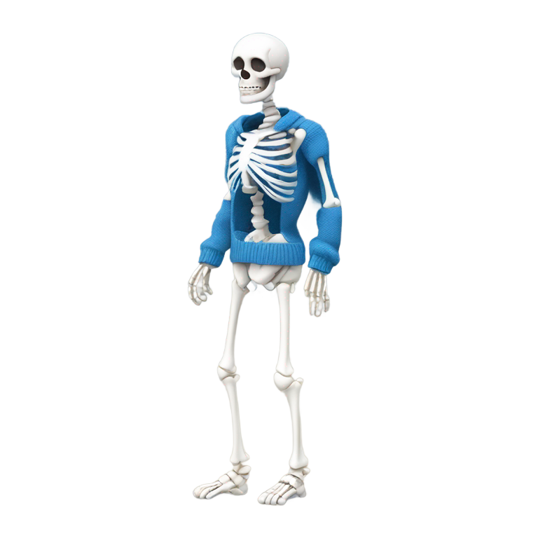 genmoji : A skeleton in a blue sweater,white shirt,boxer shorts,white slippers,and is smiling. Has a text box saying that it is a beautiful day outside