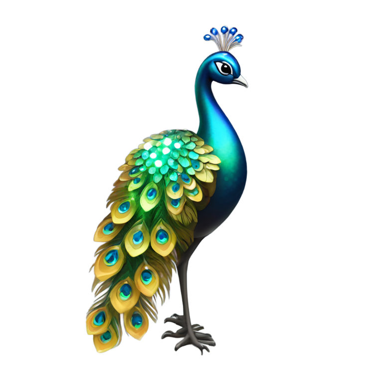 genmoji: Tiny jeweled peacock standing gracefully, glowing feathers, elegant fantasy style.