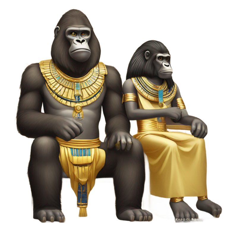 genmoji : Gros gorille Mok assis à côté de Toutankhamon dans l'Égypte ancienne