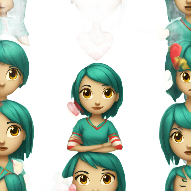 genmoji : Une fille en combinaison bleu-vert, un carré avec un cœur sur le côté gauche de sa poitrine et un fer à cheval rouge sur le côté droit. Cheveux noirs, air triste, nez qui saigne, portant un chapeau de fête à rayures jaunes et rouges.
