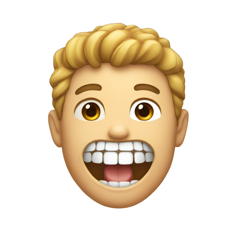 genmoji : Un homme tenant sa dent dans sa main droite. Il sourit avec une dent manquante.