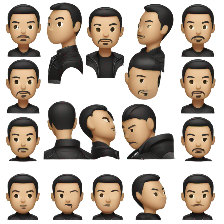 絵文字：アジア系男子、後ろに梳いた髪、ヒゲ、黒いレザージャケット着用