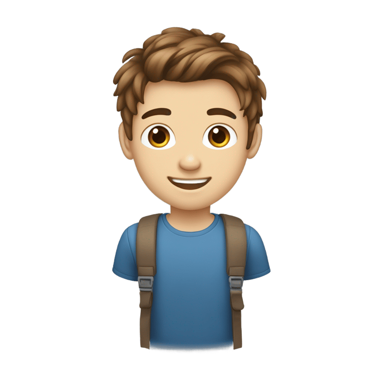 genmoji：15岁白人少年，深棕色中长发前至眉毛，中分长发型，蓝色毛衣，棕色眼睛，露齿微笑。半身特写，视角从下往上，头部略微转向一侧。