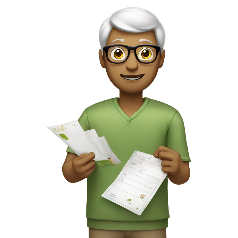 genmoji: Make an emoji of a matcha-green colored garment wearing brown mailman from with glasses with a lot of mail in his hand