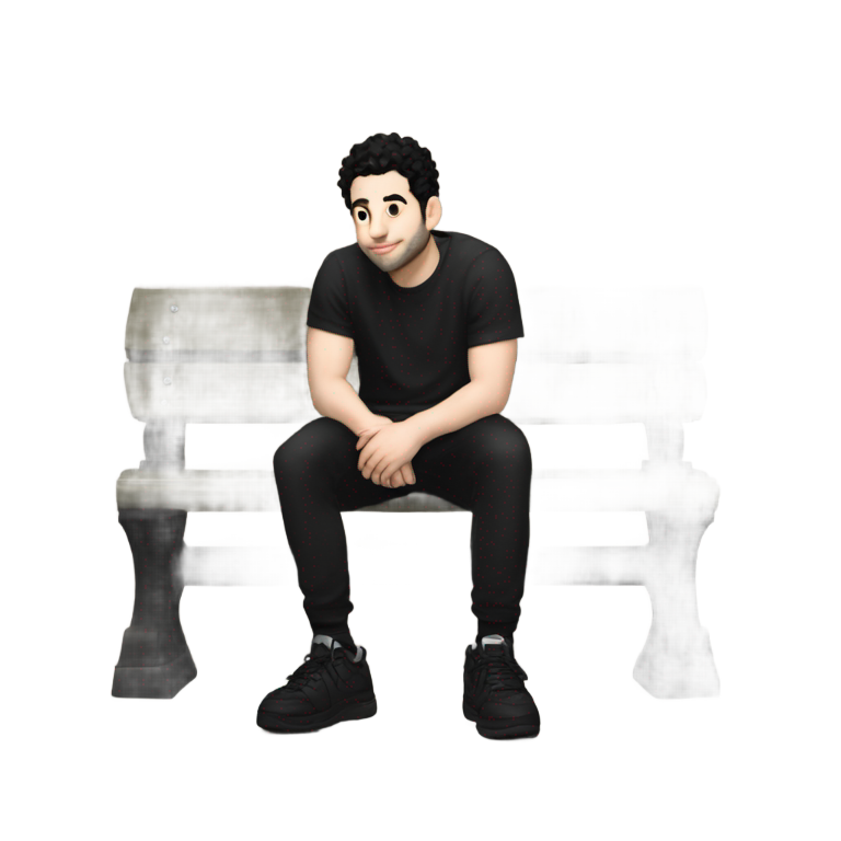 genmoji : Samm Levine en short noir et chaussures, assis sur un banc.