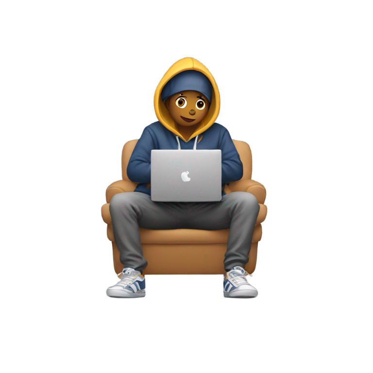 genmoji：大学生盘腿坐，笔记本电脑放在腿上，若有所思地抬头。穿着连帽衫和运动鞋。