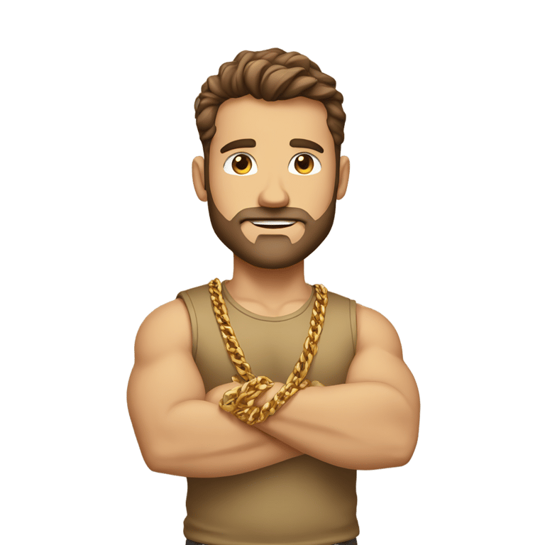 genmoji : Homme blanc fort, cheveux bruns, bras croisés, chemise dorée, plusieurs chaînes en or, barbe naissante
