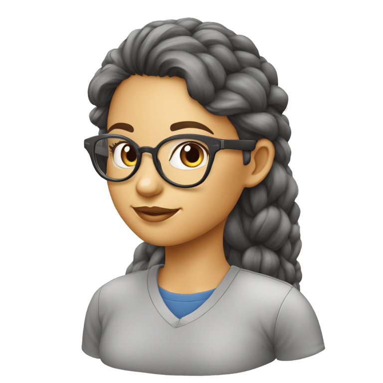 絵文字：uma menina de cabelo escuro liso, oculos de leitura redondos, usando uma camiseta polo cinza claro