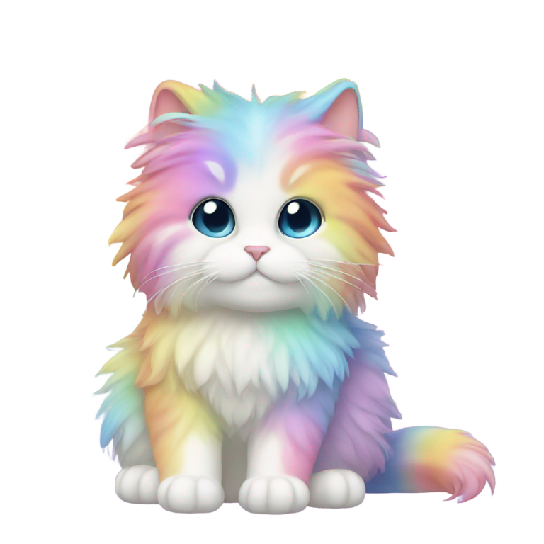 絵文字：レインボーのふわふわ猫がレインボーに乗っている