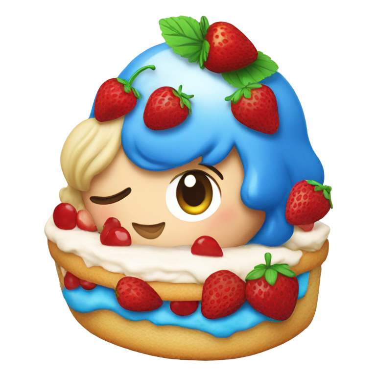 絵文字：ブルーのイチゴショートケーキにチェリーがトッピングされています。