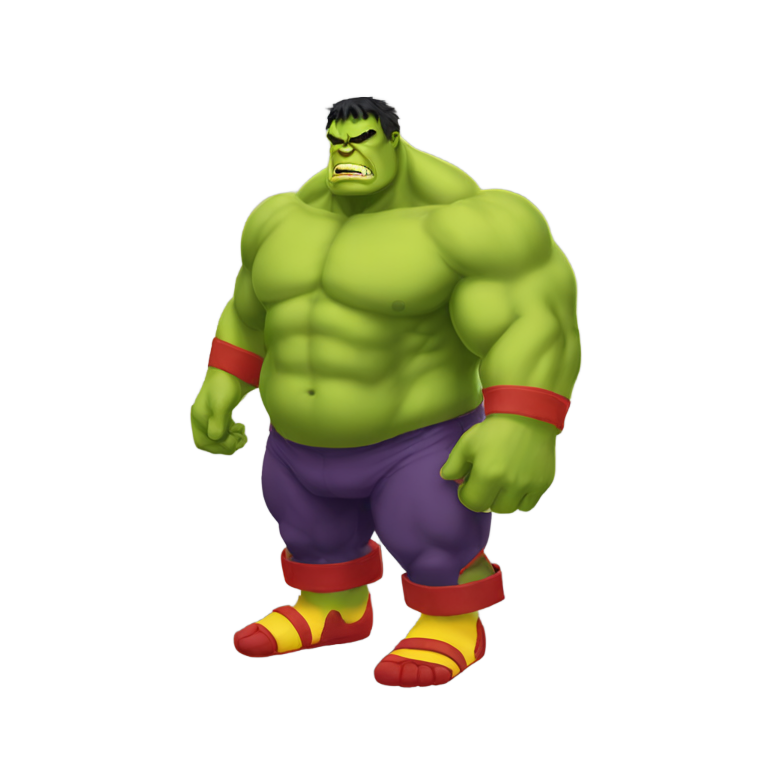genmoji : Hulk gros, gros derrière, main rouge, pieds jaunes