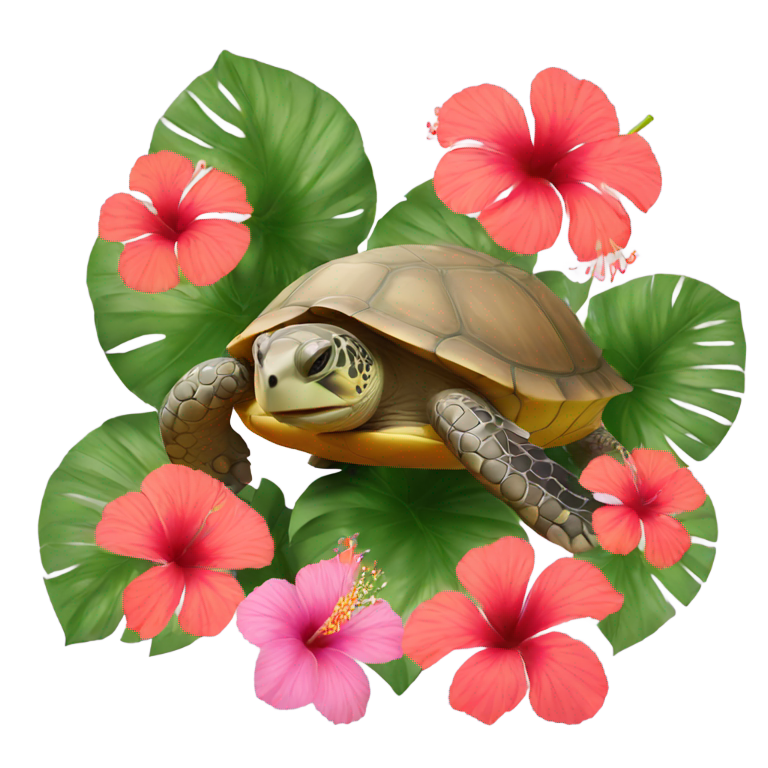 絵文字：ハイビスカスの花に囲まれたカメ