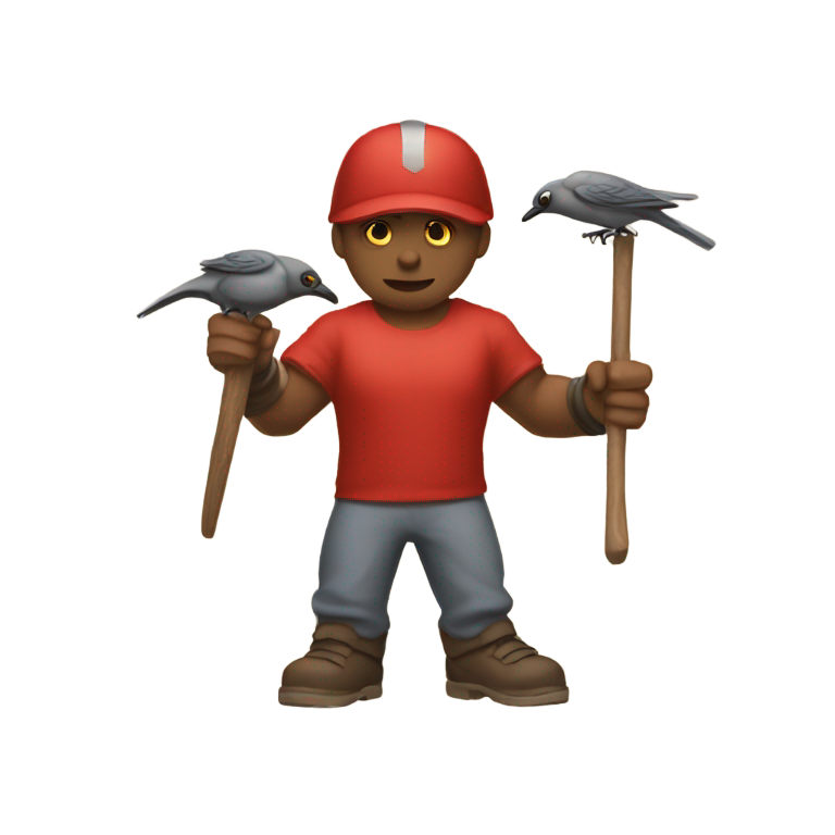genmoji : Un humain avec un bec d'oiseau manie un marteau, et une figure rouge avec de grands yeux ronds, une petite queue et deux jambes.