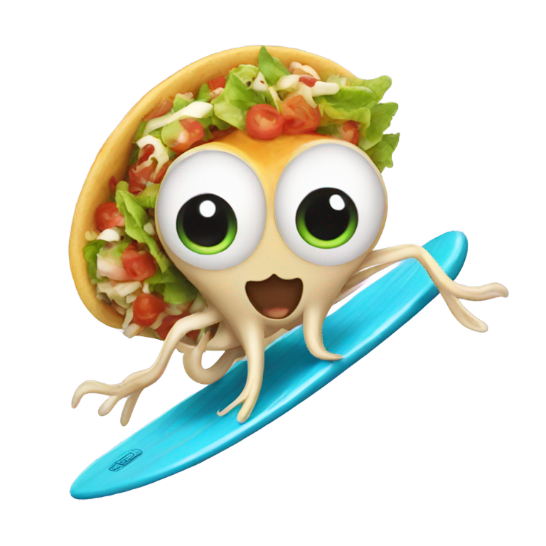 genmoji: squid surfing on taco