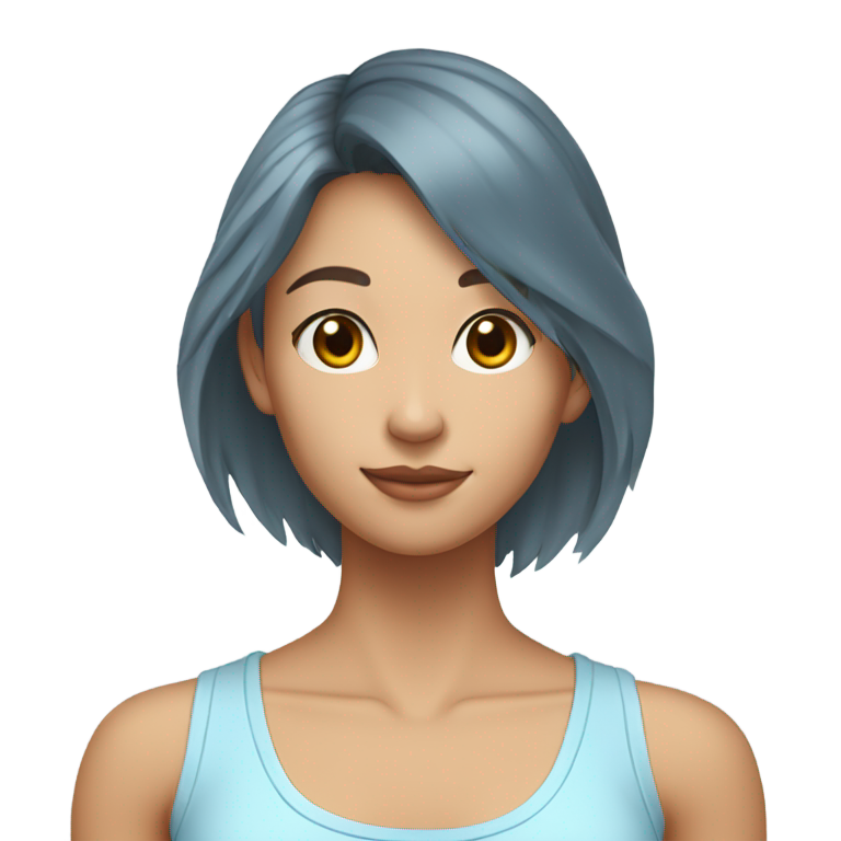 genmoji : Une jeune femme taïwanaise au teint très hâlé, avec de longs cheveux blancs comme neige, portant un débardeur bleu clair.