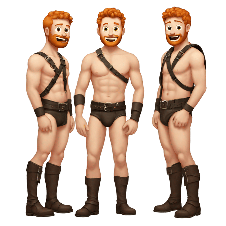 genmoji：赤发男子赤裸上身，穿着红色内裤和皮革胸甲，另一个男子触摸他的胸部。
