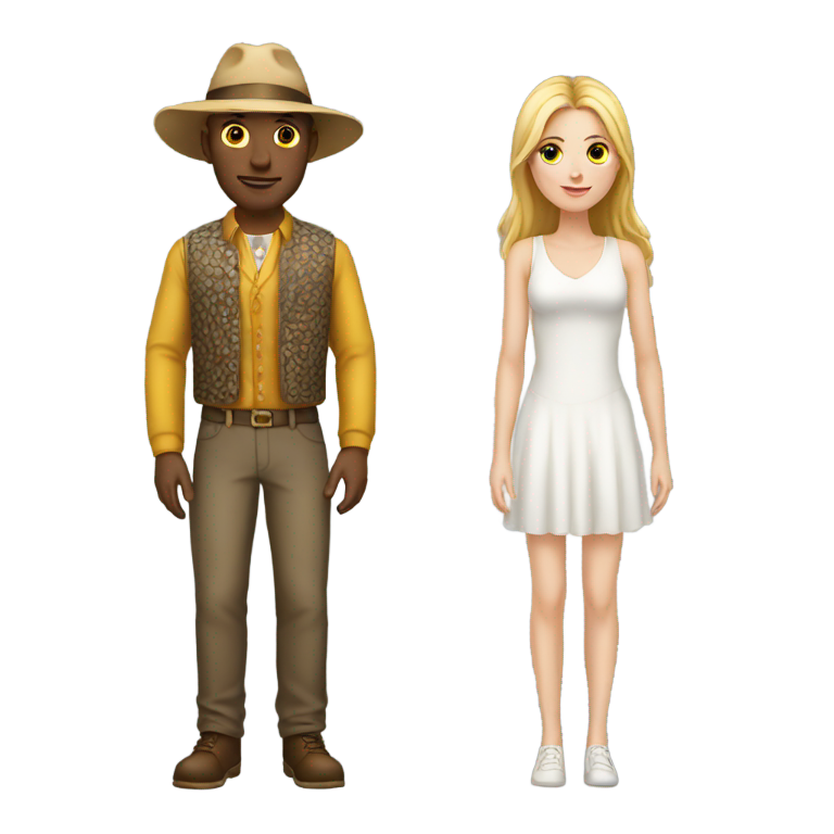 genmoji: a white  man and a white girl with strange clothes and hat